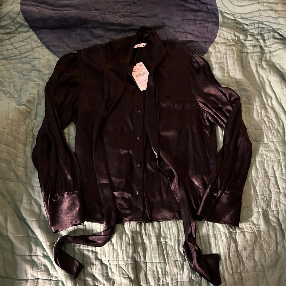 NWT Zara Satin Bow Button Up Size XL